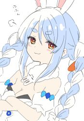 Rule 34 | 1girl, :3, animal ear fluff, animal ears, bare shoulders, black leotard, blue hair, blush, bow, braid, breasts, brown eyes, carrot hair ornament, cleavage, closed mouth, crossed arms, detached sleeves, don-chan (usada pekora), dress, food-themed hair ornament, fur trim, hair between eyes, hair bow, hair ornament, highres, hololive, kiritoma, leotard, looking at viewer, medium breasts, multicolored hair, puffy short sleeves, puffy sleeves, rabbit-shaped pupils, rabbit ears, short eyebrows, short sleeves, simple background, smug, solo, strapless, strapless dress, strapless leotard, symbol-shaped pupils, thick eyebrows, translation request, twin braids, twintails, two-tone hair, upper body, usada pekora, usada pekora (1st costume), white background, white bow, white dress, white hair, white sleeves