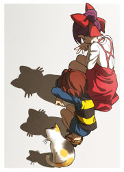 1boy 1girl black_vest blue_shirt blue_shorts border bow brown_sandals cat cat_shadow_puppet_(meme) commentary_request gegege_no_kitarou geta grey_background hair_bow highres kitarou long_sleeves meme nekomusume outside_border purple_hair red_bow red_skirt sandals shadow shirt short_hair shorts silanduqiaocui skirt squatting striped_clothes striped_vest suspender_skirt suspenders two-tone_vest vest white_border white_shirt yellow_vest