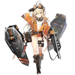 1girl black_gloves blonde_hair blue_eyes boots breasts brown_boots closed_mouth crop_top eyewear_on_head floor full_body gears girls&#039;_frontline gloves gun hair_ornament hairclip hand_in_own_hair holding holding_gun holding_weapon jacket long_hair looking_at_viewer mk3a1_(girls&#039;_frontline) namyo navel official_art open_clothes open_jacket orange_jacket orange_shorts orange_socks pancor_jackhammer safety_glasses screwdriver shield shield_module shorts shotgun small_breasts socks solo standing tool_belt tools transparent_background weapon wrench