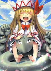 Rule 34 | 1boy, 1girl, barefoot, blonde hair, carrying, dress, fairy, fairy wings, hat, kinnikuman, lily white, long hair, pun, shoulder carry, soles, springman (kinnikuman), touhou, trait connection, umigarasu (kitsune1963), white dress, wings
