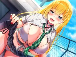 Rule 34 | 1girl, akine (kuroyuri), bikini, blonde hair, blue eyes, breasts, day, earrings, fingernails, gyaru, heart, jewelry, kogal, large breasts, long hair, nail polish, navel, necktie, original, outdoors, red nails, school uniform, smile, solo, swimsuit, very long hair, white bikini