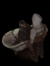 1boy 1girl :| absurdres bags_under_eyes bathtub black_coat black_gloves blood blood_on_ground blood_stain brown_hair closed_mouth coat cry_of_fear fingerless_gloves from_above full-body_tattoo gloves grey_hoodie head_tilt highres hood hood_up hoodie in_bathtub ju-san looking_at_another outline polka_dot polka_dot_hoodie print_hoodie simon_henriksson sitting sophie_(cry_of_fear) standing tattoo white_outline