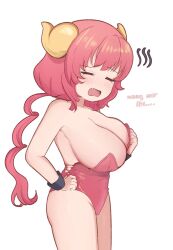 1girl bare_shoulders blush breasts cleavage closed_eyes cowboy_shot dragon_girl dragon_horns english_text fang female_focus from_side hand_on_own_chest hand_on_own_hip highres horns ilulu_(maidragon) kobayashi-san_chi_no_maidragon large_breasts leotard long_hair low_twintails meemz_a nipple_slip nipples open_mouth red_leotard shortstack simple_background solo standing strapless strapless_leotard torn_clothes torn_leotard twintails wrist_cuffs yellow_horns