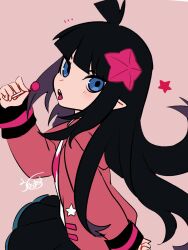 1girl ahoge aotu_world black_hair black_skirt blue_eyes blunt_bangs blush candy chaimasuku cowboy_shot food from_side hair_ornament hand_up highres holding holding_candy holding_food holding_lollipop hood hood_down hooded_jacket jacket kaili_(aotu_world) lollipop long_hair long_sleeves looking_at_viewer notice_lines official_alternate_costume open_clothes open_jacket pink_background pink_jacket pleated_skirt pointy_ears print_shirt shirt sidelocks signature simple_background skirt solo star_(symbol) star_hair_ornament tongue tongue_out very_long_hair white_shirt