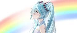 1girl blue_eyes blue_hair blue_necktie blush closed_mouth collared_shirt floating_headgear from_side hair_between_eyes harutatsunoki hatsune_miku headgear highres looking_up necktie profile rainbow shirt sleeveless sleeveless_shirt solo twintails upper_body vocaloid white_shirt wing_collar
