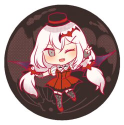 1girl black_gloves black_socks demon_wings dress girls&#039;_frontline gloves grey_eyes halloween_costume long_hair open_mouth red_dress silence_girl socks svd_(girls&#039;_frontline) twintails white_hair wings