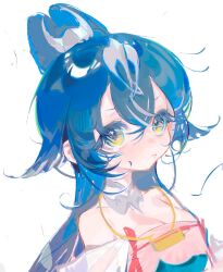 1girl animal_ears bare_shoulders blue_hair blush breasts cleavage closed_mouth collar collarbone colored_eyelashes crossed_bangs detached_collar eyelashes grey_collar hair_between_eyes huanxiong_dazai jewelry long_hair looking_at_viewer medium_breasts necklace original rabbit_ears rabbit_girl sidelocks simple_background solo upper_body white_background yellow_eyes