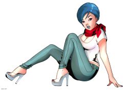 10s 1girl arm_support artist_name blue_hair blue_lips blue_nails blue_toenails breasts bulma cleavage denim dragon_ball dragon_ball_super feet female_focus high_heels jeans large_breasts legs looking_at_viewer medium_breasts moz-art nail_polish open_mouth pants piercing platform_footwear simple_background solo tongue_piercing tongue_ring white_background