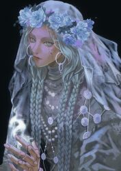 1girl black_background blue_eyes blue_hair braid closed_mouth commentary cracked_skin doll_joints dress elden_ring elden_ring_nightreign english_commentary hand_up head_wreath highres joints looking_at_viewer low_twin_braids revenant_(elden_ring) solo spirit twin_braids upper_body veil white_dress white_veil yujia0412