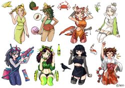 6+girls animal animal_on_head arm_up arms_up ass bell belt bird bird_on_head black_hair blonde_hair breasts candy cleavage corn covered_navel crab crop_top crow double_bun dress eating fishnet_sleeves fishnet_thighhighs fishnets flower food fruit garter_straps goggles goggles_on_head green_dress green_eyes green_hair green_shirt green_thighhighs hair_bell hair_bun hair_ornament hakama hand_fan hand_up hat highres holding holding_food japanese_clothes kimsoing koi leotard lily_of_the_valley long_sleeves medium_hair mountain_dew multicolored_hair multiple_girls navel on_head original personification pink_hair playing_with_own_hair red_hair red_shorts sharp_teeth shirt short_shorts shorts simple_background small_breasts smile snorkel standing straw_hat streaked_hair super_soaker sweat teeth thighhighs twintails watermelon weapon white_background white_hair white_thighhighs yellow_eyes