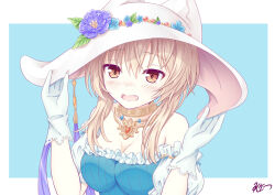 1girl artist_name breasts brown_eyes brown_hair cleavage collar embarrassed flower frills gloves hat hat_flower highres iris_mysteria! k_(nura-rikuo) large_breasts large_hat laura_kelyrie upper_body white_gloves white_hat