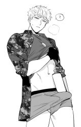1boy ? boxer_briefs breath bulge busujima_rio_mason camouflage camouflage_jacket dog_tags greyscale hypnosis_mic jacket male_focus male_underwear monochrome no_pants object_on_bulge object_on_penis parted_lips shampoo_bottle shampoo_challenge solo spoken_question_mark suko_mugi testicle_peek testicles underwear
