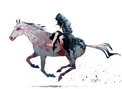 1other artist_name blood character_name christian_mythology four_horsemen highres horse horseback_riding nezumiayasha pestilence_(four_horsemen_of_the_apocalypse) restrained riding simple_background solo torn_clothes white_background
