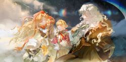 Rule 34 | 1boy, 3girls, :d, :o, absurdres, avgust (reverse:1999), blonde hair, blue eyes, braid, braided bangs, brown coat, brown dress, brown jacket, brown skirt, cloak, coat, curly hair, dress, floating hair, flower, fur-trimmed coat, fur trim, grey coat, grey eyes, grey hair, grey scarf, hair ribbon, hand in pocket, hand up, hands on own knees, hat, headscarf, highres, holding, holding flower, jacket, kiperina, leaning forward, long hair, looking at another, low ponytail, ludibianyuan, multiple girls, neckerchief, night, night sky, open mouth, ponytail, purple eyes, red cloak, red headscarf, red neckerchief, red ribbon, red scarf, reverse:1999, ribbon, scarf, shirt, skirt, sky, smile, sunflower, teacher and student, turning head, upper body, ushanka, vila (reverse:1999), white hair, white hat, white shirt, windsong (reverse:1999), yellow flower