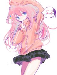 1girl absurdres adjusting_clothes arm_up black_skirt blue_eyes bocchi_the_rock! commentary cowboy_shot cube_hair_ornament double-parted_bangs gotoh_hitori hair_between_eyes hair_ornament highres jacket kingguzi long_hair long_sleeves looking_at_viewer miniskirt no_pupils one_side_up parted_lips pink_hair pink_jacket pleated_skirt puffy_long_sleeves puffy_sleeves purple_skirt raised_inner_eyebrows simple_background skirt solo spoken_expression standing track_jacket turtleneck turtleneck_jacket two-sided_fabric two-sided_skirt very_long_hair white_background