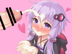1girl bar_censor blush censored collarbone cum cum_in_mouth cum_on_body cum_on_hair cupping_hands facial hair_ornament heart hetero hood hoodie long_sleeves low_twintails musouzuki open_mouth own_hands_together penis purple_eyes purple_hair smile solo_focus twintails upper_body vocaloid voiceroid white_day yuzuki_yukari
