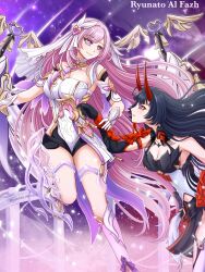 2girls absurdres artist_name bell black_dress black_gloves black_shorts boots breasts cleavage commentary corset diamond-shaped_pupils diamond_(shape) dress elbow_gloves elysia_(herrscher_of_human:_ego)_(honkai_impact) elysia_(honkai_impact) english_commentary gloves highres honkai_(series) honkai_impact_3rd horns large_breasts long_hair multiple_girls pink_hair purple_eyes purple_hair purple_sky raiden_mei raiden_mei_(herrscher_of_thunder) red_horns ryunato_al_fazh short_shorts shorts sky smile symbol-shaped_pupils thigh_strap triquetra veil very_long_hair white_boots white_corset white_gloves white_veil