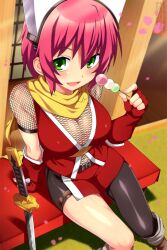 1girl black_pantyhose bodystocking breasts dango fingerless_gloves fishnet_bodystocking fishnets food gloves gouma_reifuden_izuna green_eyes highres holding holding_skewer izuna_(gouma_reifuden_izuna) katana large_breasts lindaroze ninja pantyhose pink_hair red_gloves short_hair single_leg_pantyhose sitting skewer solo sword wagashi weapon