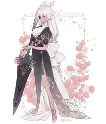 1girl animal_ears black_dress blue_eyes commentary commission dark-skinned_female dark_skin double-parted_bangs dress embroidery eyepatch floral_background floral_print flower full_body hair_between_eyes holding holding_sword holding_weapon lemon89h long_hair looking_at_viewer original red_flower red_nails red_rose rococo_movement rose shoes short_sleeves solo standing sword tassel very_long_hair weapon white_hair