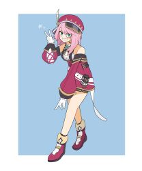 Rule 34 | 1girl, bare shoulders, blue background, blue eyes, blush, camera, charlotte (genshin impact), genshin impact, gloves, grin, hat, hat feather, highres, monocle, newsboy cap, pink hair, pleated shorts, red hat, red shoes, shoes, smile, solo, star (symbol), user dwtz2888, white gloves