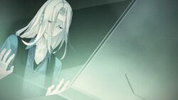 Rule 34 | 1boy, against glass, bags under eyes, black vest, blonde hair, blue shirt, collarbone, crying, crying with eyes open, ears visible through hair, from below, fukuda tomonori, game cg, hair over face, hand on glass, highres, kimijima kou, leaning forward, long hair, looking down, narrowed eyes, non-web source, official art, open collar, pale skin, pov, robotics;notes, shirt, smile, solo, tearing up, tears, vest