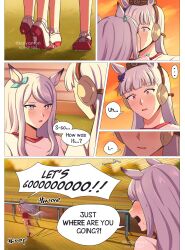 Rule 34 | 2girls, animal ears, aqua bow, blunt bangs, blush, bow, breasts, closed eyes, commentary, couple, ear bow, ear ornament, ear ribbon, english commentary, english text, gold ship (umamusume), grass, grey hair, gym uniform, hat, height difference, highres, horse ears, horse girl, horse tail, kaiyamon, kiss, long hair, mejiro mcqueen (umamusume), multiple girls, open mouth, outdoors, pants, parted lips, pillbox hat, purple eyes, purple hair, red pants, red shorts, running, school uniform, shirt, shoes, short sleeves, shorts, smile, speech bubble, sunset, sweat, sweatdrop, tail, tiptoes, tracen training uniform, track pants, umamusume, white shirt, yuri