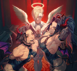 Rule 34 | 3boys, ahoge, alternate costume, alternate hairstyle, angel and devil, angel wings, armpits, arms behind back, arms up, asymmetrical hair, bat wings, black choker, black gloves, black hair, blonde hair, blue eyes, choker, cleavage cutout, closed mouth, clothing cutout, collarbone, commentary request, crossdressing, crossdressing (mtf), curtained hair, dark-skinned male, dark skin, demon horns, earrings, ed (street fighter), elbow gloves, eyelashes, facial hair, feathered wings, feet out of frame, gloves, goatee, hair over one eye, highres, horns, jamie siu, jewelry, kneehighs, lace, lace collar, leaning, leaning forward, legwear garter, long hair, looking at viewer, male focus, multiple boys, nervous sweating, o-ring, one eye covered, open mouth, orange eyes, own hands clasped, own hands together, panties, pectorals, piercing, pillar, ponytail, rashid (street fighter), red horns, short hair, sidepec, skin tight, smile, socks, spiked choker, spikes, standing, street fighter, street fighter 6, stud earrings, sweat, talgi, teeth, underwear, upper teeth only, white panties, white wings, wings, wrist cuffs, yellow eyes