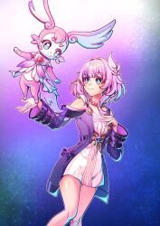 Rule 34 | 1girl, bare shoulders, blue eyes, commentary request, cookienim, cyrene (honkai: star rail), dress, feet out of frame, hair intakes, hair ribbon, highres, honkai: star rail, honkai (series), jewelry, long sleeves, mem (honkai: star rail), necklace, off-shoulder dress, off shoulder, pink hair, purple dress, ribbon, short dress, smile, standing, thighs, white ribbon