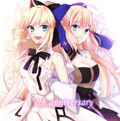 Rule 34 | 2girls, ahoge, anniversary, artoria caster (fate), artoria caster (third ascension) (fate), artoria pendragon (fate), bare shoulders, black bow, black gloves, blonde hair, bow, breasts, cleavage, closed mouth, commentary, commentary request, dress, english commentary, fate/grand order, fate (series), gloves, green eyes, hair bow, hair ribbon, long hair, long sleeves, looking at viewer, medium breasts, multiple girls, open mouth, ponytail, ribbon, saber lily, sleeveless, sleeveless dress, smile, sukiniyaru, very long hair, white dress, white gloves