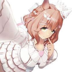 Rule 34 | 1girl, :d, animal ears, aston machan (everlasting candy) (umamusume), aston machan (umamusume), bow, brown hair, crown, dress, ear covers, green eyes, hair bow, hair ornament, hairclip, heart, highres, horse ears, horse girl, index finger raised, looking at viewer, mini crown, official alternate costume, open mouth, selfie, short hair, simple background, single ear cover, skirt, smile, solo, tail, thighhighs, thighs, umamusume, white background, white dress, white thighhighs, yamano boriko