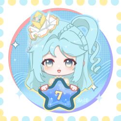 Rule 34 | 1girl, beads, blue background, blue eyes, blue outline, border, bow, bowtie, braid, chibi, chinese commentary, circle, commentary request, cropped torso, dot nose, dress, drill hair, eyelashes, frilled headwear, gradient outline, hair beads, hair ornament, halftone, halftone background, happy, hat, hat ornament, highres, holding, holding star, infinity nikki, light blush, looking at viewer, mini hat, mumu079860, nikki (series), one side up, open mouth, origami, outline, paper crane, puffy short sleeves, puffy sleeves, round border, short sleeves, signature, smile, solo, sparkle, star (symbol), star hat ornament, straight-on, swept bangs, white border, white bow, white bowtie, white dress, wings of wishes (infinity nikki), yellow hat, yellow outline