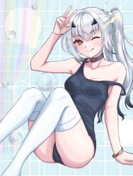 Rule 34 | 1girl, ass, blush, breasts, fate/grand order, fate (series), hand up, highres, kawairuka ko, long hair, looking at viewer, melusine (fate), one-piece swimsuit, one eye closed, ponytail, sitting, smile, solo, swimsuit, thighhighs, tongue, tongue out, v, white hair, white thighhighs, yellow eyes