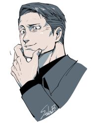 1boy commentary_request furrowed_brow hand_on_own_chin hand_up ichigo_beeru jacket korean_commentary long_sleeves looking_at_viewer male_focus matsuda_ryota shirt short_hair signature simple_background smile solo toshi_densetsu_kaitai_center upper_body white_background