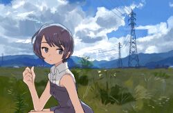 1girl bare_shoulders blue_eyes blue_sky closed_mouth cloud cloudy_sky collared_dress commentary_request day dress field grass grey_hair hand_up looking_at_viewer mountain original outdoors power_lines short_hair sitting sky sleeveless sleeveless_dress solo takaichi_(tkch) transmission_tower