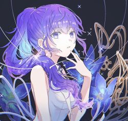 1girl asahina_mafuyu bare_shoulders black_background blue_flower breasts commentary_request earrings flower hand_up jewelry long_hair official_alternate_costume parted_lips ponytail project_sekai purple_eyes purple_hair shirt sleeveless sleeveless_shirt solo sparkle upper_body utakata_ni_idakarete_(project_sekai) wado84692 white_shirt