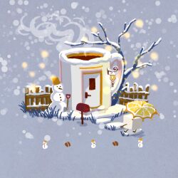 artist_name bare_tree bear chimney coffee cup door fence food food_focus footprints fruit grass hat honey house issiki_toaki lantern lemon mug no_humans original outdoors shovel signature snow snowing snowman steam tree umbrella window winter wooden_fence