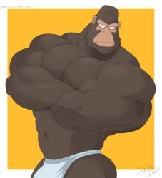 1boy absurdres alternate_muscle_size artist_name bara biceps bikini_briefs bodybuilder border brown_fur commentary crossed_arms dated english_commentary furry furry_male gorilla gouriki_ayumu highres jabuhusky large_pectorals male_focus male_underwear muscular muscular_male navel odd_taxi pectorals simple_background solo topless_male twitter_username underwear underwear_only white_border white_male_underwear yellow_background