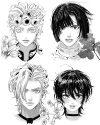 4boys absurdres alternate_hairstyle branch bruno_bucciarati choker cropped_head earrings flower giorno_giovanna greyscale hair_between_eyes hair_over_one_eye high_collar highres jewelry jojo_no_kimyou_na_bouken looking_at_viewer medium_hair messy_hair monochrome multiple_boys narancia_ghirga pannacotta_fugo parted_lips r_aison stud_earrings teeth vento_aureo