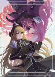 2girls armor black_gloves blush breasts brown_eyes brown_hair closed_mouth duel_monster exosister_elis exosister_martha gloves hair_ornament hands_on_another&#039;s_head highres jewelry kz_mochixx long_hair long_sleeves looking_at_viewer medium_breasts multiple_girls necklace nun open_mouth pink_eyes pink_hair shoulder_armor siblings simple_background sisters star_(symbol) star_hair_ornament very_long_hair white_background yu-gi-oh!