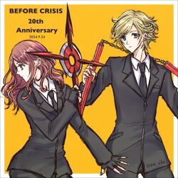 1boy 1girl 2024 anniversary before_crisis_final_fantasy_vii black_gloves black_jacket black_necktie black_pants blonde_hair border bosch brown_eyes cissnei collared_shirt dated final_fantasy final_fantasy_vii fingerless_gloves gloves hair_between_eyes highres holding holding_nunchaku holding_shuriken holding_weapon jacket long_hair necktie nunchaku nunchaku_(male) orange_background pants shirt short_hair shuriken suit_jacket swept_bangs twitter_username wavy_hair weapon white_border white_shirt