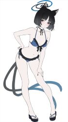 1girl animal_ears bikini black_eyes black_hair black_sandals blue_archive blue_bikini breasts bright_pupils cat_ears cat_girl cat_tail full_body highres kikyou_(blue_archive) looking_at_viewer marisasu_(marisa0904) medium_breasts multiple_tails navel sandals short_hair simple_background solo standing swimsuit tail white_background white_pupils