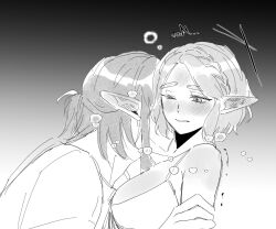 1boy 1girl big_egg526 blush braid breasts couple crown_braid gradient_background greyscale hand_on_another&#039;s_arm heavy_breathing hetero kiss kissing_neck link medium_breasts medium_hair monochrome nintendo parted_bangs parted_lips pointy_ears ponytail princess_zelda shirt short_hair sidelocks sleeveless sleeveless_shirt the_legend_of_zelda the_legend_of_zelda:_breath_of_the_wild thick_eyebrows upper_body