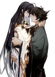Rule 34 | 1boy, 1other, absurdres, ahoge, androgynous, black hair, blue eyes, carrying, carrying person, child carry, detached sleeves, face-to-face, fate/grand order, fate/samurai remnant, fate (series), grey kimono, highres, japanese clothes, jiang (bolidididi), kimono, looking at another, miyamoto iori (fate), orange eyes, other with male, profile, sidelocks, simple background, topknot, white background, white kimono, yamato takeru (fate), yamato takeru (third ascension) (fate)