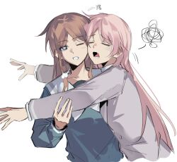 Rule 34 | 2girls, bang dream!, bang dream! it&#039;s mygo!!!!!, blue shirt, blush, brown hair, chihaya anon, closed eyes, grey jacket, haneoka school uniform, highres, jacket, long hair, long sleeves, multiple girls, nagasaki soyo, one eye closed, open mouth, pink hair, school uniform, shiba257, shirt, simple background, squiggle, tsukinomori school uniform, upper body, white background, yuri