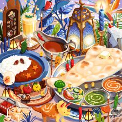 artist_name bird broccoli candle chicken cup curry curry_rice drinking_glass egg_(food) food food_focus fruit issiki_toaki meat no_humans original plant plate rice shrimp spoon star_(symbol) tomato