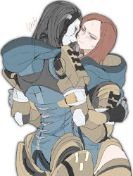2girls android animification apex_legends ash_(titanfall_2) ashleigh_reid black_sclera blue_eyes blue_leotard blush colored_sclera commentary half-closed_eyes highres hooded_leotard hug kagaya_(oshiriudon) leotard metal_skin multiple_girls science_fiction simulacrum_(titanfall) sweatdrop symbol-only_commentary yellow_eyes yuri