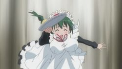 1boy 3girls accident animated animated_gif apron blonde_hair bouncing_breasts braid breasts brown_hair butler clumsy dress drill_hair falling flower formal_clothes garter_straps green_hair green_panties ladies_versus_butlers! maid maid_apron maid_headdress messy multiple_girls panties purple_hair ribbon saikyou_tomomi sernia_iori_flameheart shikikagami_sanae sitting suit table tablecloth takami_akio thighhighs tray tripping underwear upskirt white_legwear window