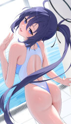 1girl absurdres alternate_costume alternate_hairstyle ass back_cutout black_halo blue_archive blue_eyes blue_hair blush clothing_cutout commentary competition_swimsuit from_behind halo hand_up highleg highleg_one-piece_swimsuit highres long_hair looking_at_viewer looking_back mechanical_halo one-piece_swimsuit one-piece_thong open_mouth ponytail poolside rosumerii smile solo swimsuit thighs white_one-piece_swimsuit yuuka_(blue_archive)