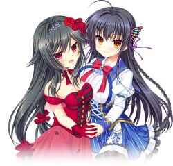 2girls ahoge arisue_tsukasa asymmetrical_docking bare_shoulders black_hair blue_skirt blush bow braid breast_press breasts brown_eyes butterfly_hair_ornament cleavage closed_mouth collarbone dress eyes_visible_through_hair flower formal_clothes frilled_skirt frills gloves hair_between_eyes hair_flower hair_intakes hair_ornament hair_ribbon hair_scrunchie high-waist_skirt holding_hands huge_ahoge interlocked_fingers jougasaki_ayaka juliet_sleeves kin-iro_loveriche large_breasts long_dress long_hair long_sleeves looking_at_viewer low_twintails medium_breasts moribe_(rabumanyo) multiple_girls neck_ribbon off-shoulder_dress off_shoulder official_art open_mouth puffy_sleeves purple_ribbon red_bow red_dress red_eyes red_flower red_gloves red_ribbon red_rose red_scrunchie ribbon rose school_uniform scrunchie shirt side-by-side sidelocks simple_background single_braid skirt smile souma_ria straight_hair swept_bangs transparent_background twintails very_long_hair white_shirt wig