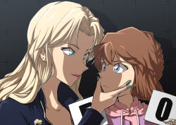 2girls age_difference blonde_hair blue_eyes brown_hair child commentary_request earrings green_eyes green_nails haibara_ai hand_on_another&#039;s_cheek hand_on_another&#039;s_face highres holding holding_sign hood hood_down hoodie jewelry lipstick long_hair looking_at_another makeup meitantei_conan multiple_girls pink_hoodie short_hair sign sooma4869 stud_earrings vermouth_(meitantei_conan)
